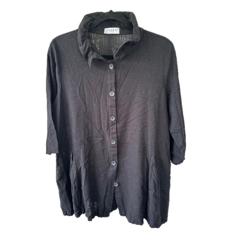 Terra SJ Apparel Linen Cotton Blend Ruffle Collar Button Down Swing Shirt M